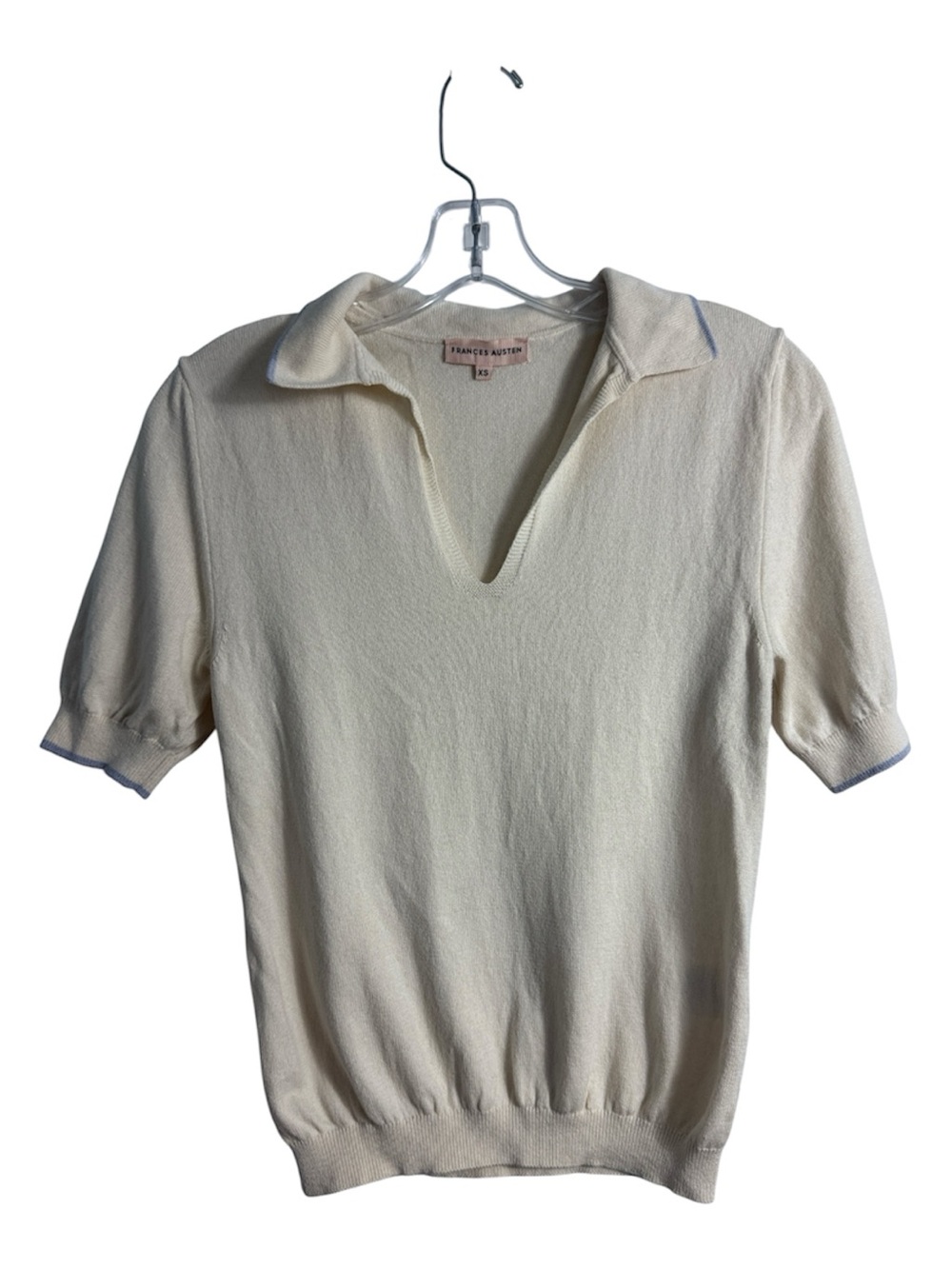 Frances Austen Cream V Neck Short Sleeve Polo Sweater Cashmere Cotton Silk XS